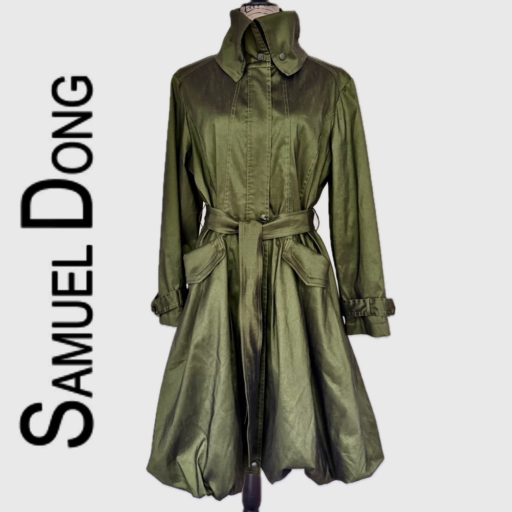 Samuel Dong Bubble‎ Trench Coat Military Hunter Green Metallic Sz M Quiet Luxury